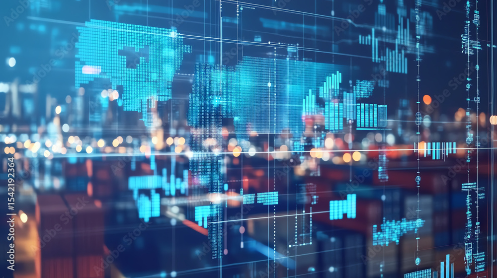 Aufkleber A high-tech digital interface showcasing data analytics, connections, and global networking in a modern business environment.