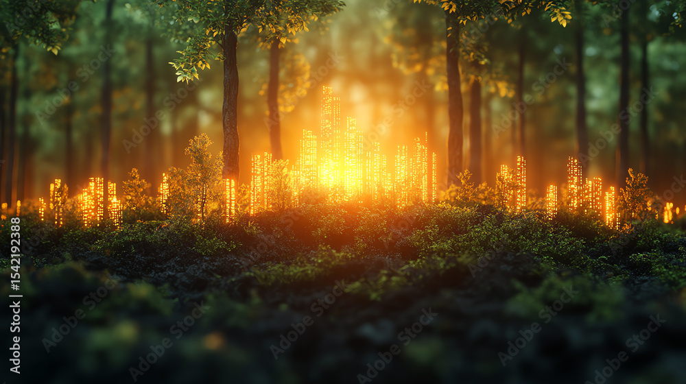 Aufkleber A magical forest scene illuminated by warm light, creating a serene atmosphere filled with wonder and tranquility.
