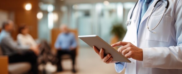 The doctor using a tablet in a modern healthcare environment.