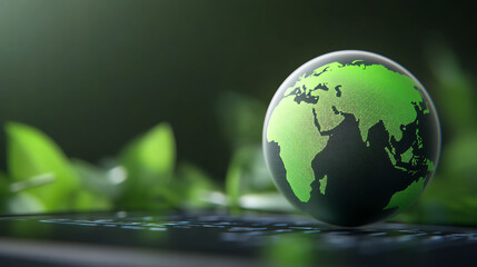 A green globe surrounded by lush leaves, symbolizing environmental awareness and sustainability in nature.