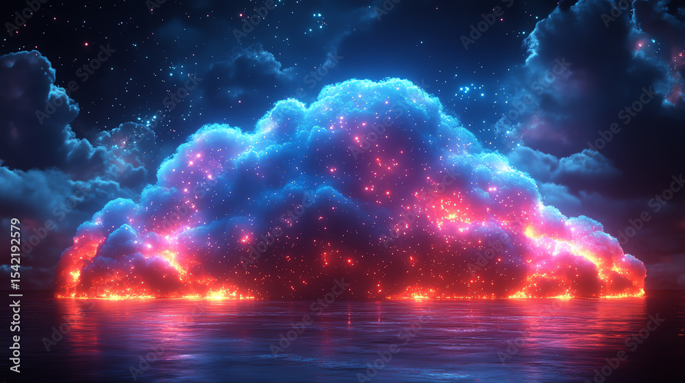 Aufkleber a mesmerizing glowing cloud above a serene ocean, illuminated by vibrant cosmic colors, creating a s