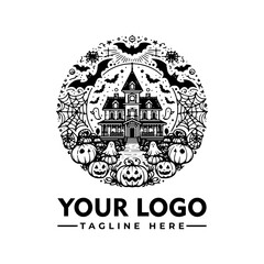 A spooky black and white illustration of a haunted house surrounded by Halloween symbols.