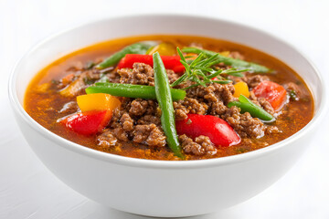 Bowl of hearty ground meat soup with colorful vegetables and fresh rosemary garnish.