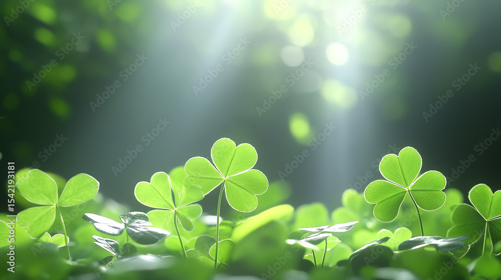 Poster a serene close-up of clover leaves bathed in soft sunlight, creating a tranquil atmosphere in a lush