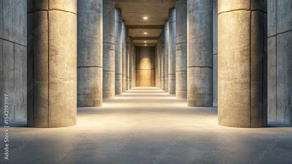 Poster a serene corridor lined with concrete pillars, illuminated by soft light, creating a modern architec