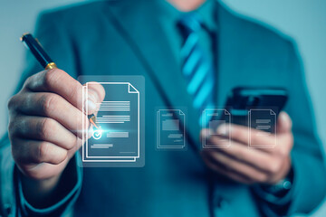 Businessmen review contract documents, manage documents and agreements, sign contracts and business...