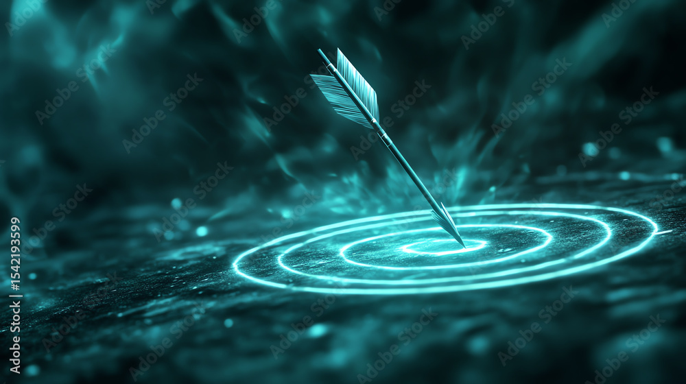 Poster A striking image of an arrow hitting a target, surrounded by ethereal light and swirling patterns, symbolizing precision and focus.