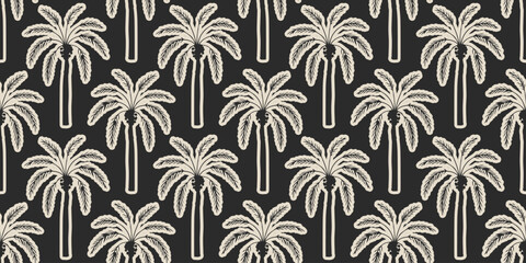 Tropical seamless pattern with hand drawn palm trees. Black hand drawn lines background for fabric, textiles, clothing, poster, cover, decoration, banner, wallpaper, interior. Vector illustration.