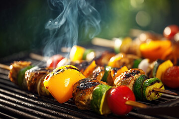 A close-up of grilled vegetables and chicken shish kebabs on the grill, with smoke rising from under them