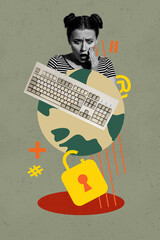 Banner 3d magazine pop picture collage image of puzzled it-specialist girl guy pandemic earth lock...