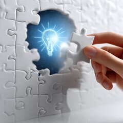 Hand Placing Puzzle Piece with Lightbulb in Mind Concept Design