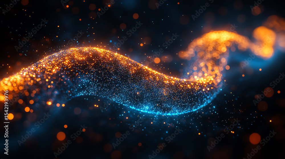 Poster a stunning visual of flowing particles in blue and orange creating a mesmerizing wave effect, symbol