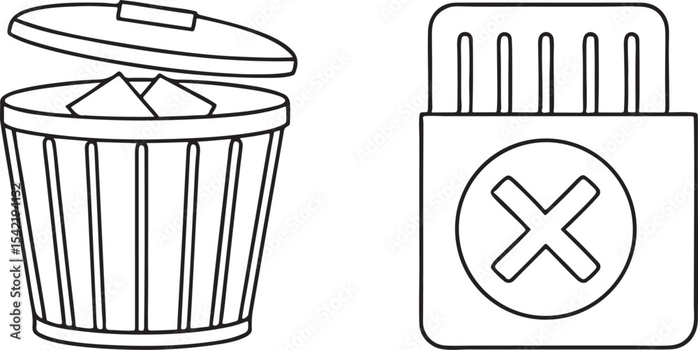 Poster trash bin icon with open lid and paper for delete action and file management use