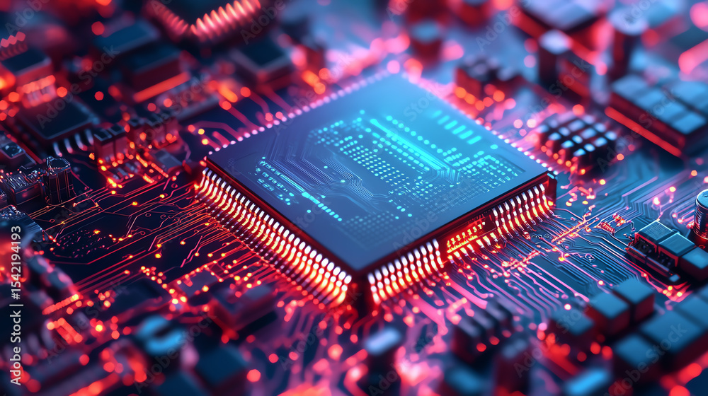 Poster A vibrant close-up of a computer microchip, showcasing intricate circuits and glowing lights emphasizing modern technology.