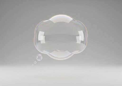 Iridescent Bubble Thought Cloud Form. A transparent aqueous sphere, resembling an empty dialog box. Its ephemeral nature implies fleeting concepts, dreams, or pure imagination.