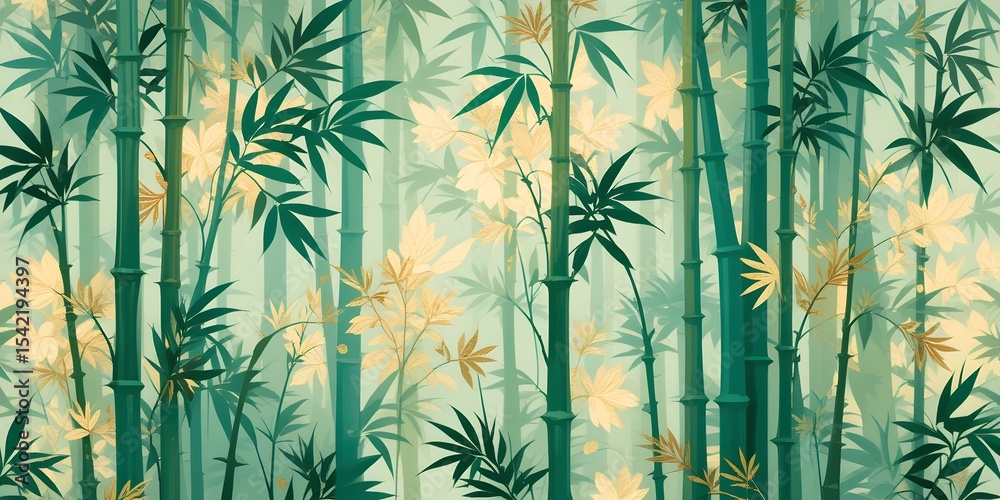 Poster elegant bamboo pattern. golden accents bring out the vibrant green shades. this calming background c