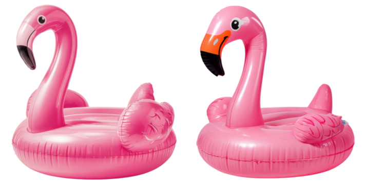 Two pink inflatable flamingo pool floats with detailed wings and black-tipped beaks.
