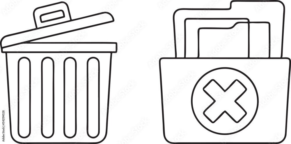 Poster trash bin icon with open lid and paper for delete action and file management use