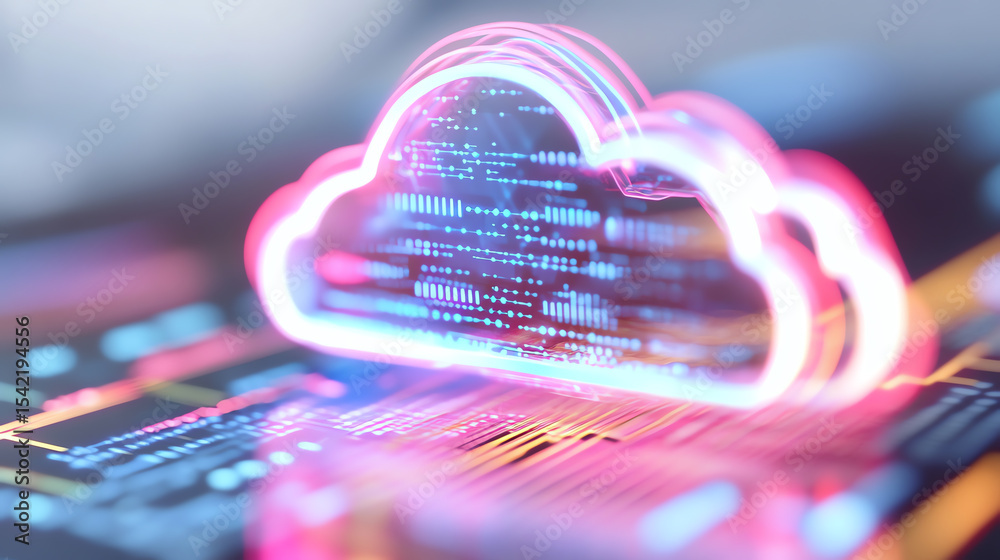 Poster A vibrant illustration of a cloud symbol representing cloud computing, overlaid with digital data and connections.