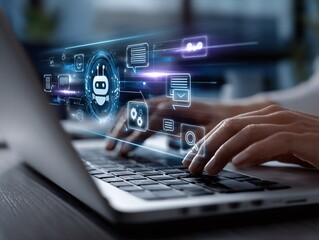 Hands Typing on Laptop with AI Chatbot and Digital Icons Overlay