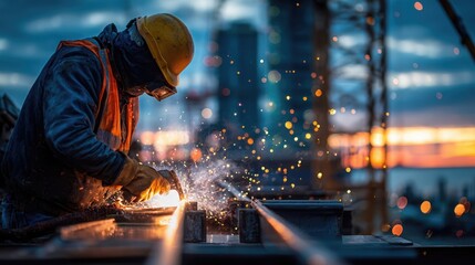 Sparks fly as a construction worker welds a metal frame with a city skyline at dusk.