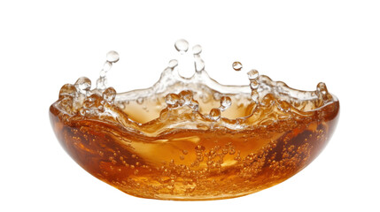 Dynamic splash of golden oil droplets frozen in motion with glossy texture and liquid flow isolated on white background