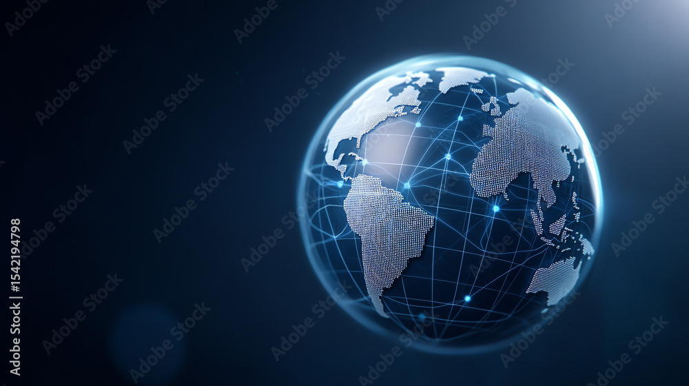 Poster A visually striking representation of a global network, featuring a 3D globe with interconnected lines signifying digital communication.