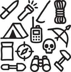 Mountaineering & Hiking Icon Set – Mountain, Climber, Rope, Carabiners, Ice Axe, Jacket, Helmet, Boot, Backpack, First Aid Kit – Minimal Silhouettes for Outdoor Adventure Graphics