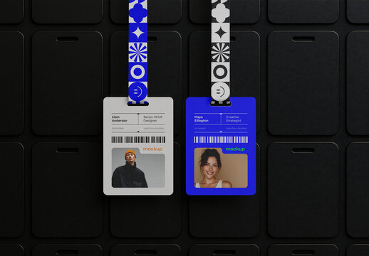 ID Badge and Lanyard Mockup &ndash; Dual ID Card Display with Colorful Straps on Minimal Black Background for Office or Event Use