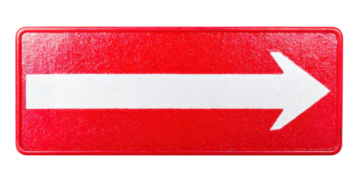 A rectangular red sign with a bold white arrow pointing to the right.