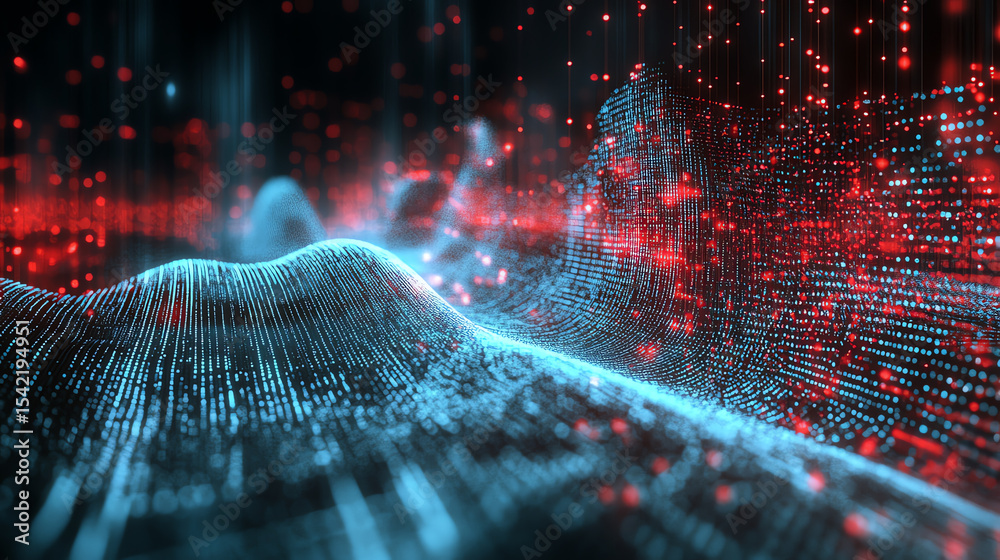 Poster Abstract data visualization showcasing a futuristic landscape with glowing lines and particles representing digital information flow.