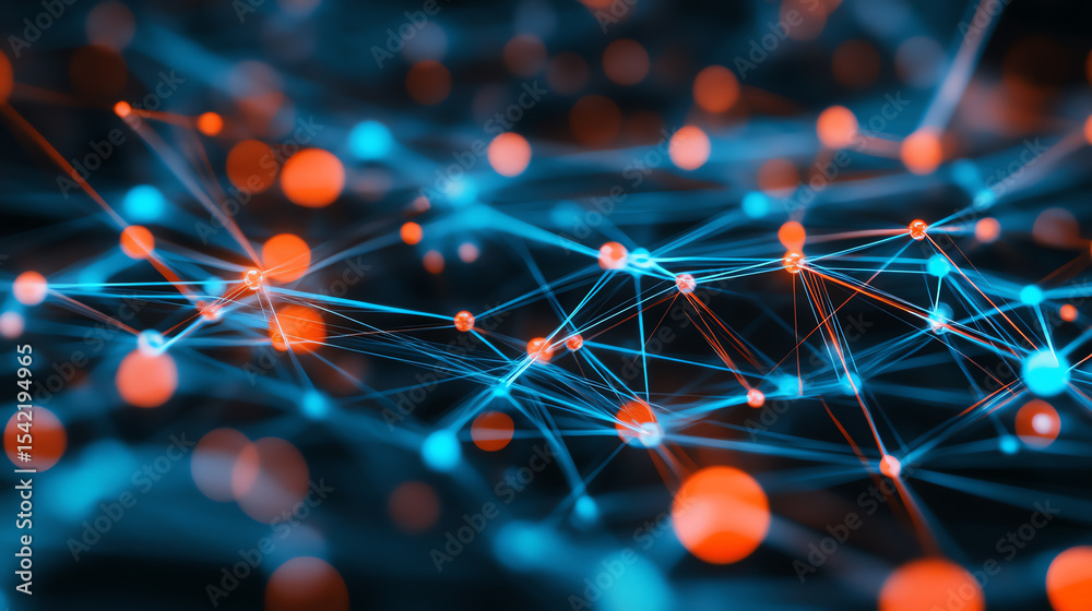 Aufkleber Abstract digital background with interconnected nodes and lines, showcasing the beauty of data and technology in a vibrant color scheme.