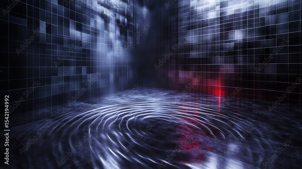 Aufkleber Abstract digital background with rippling water effect and glowing lights, creating a mesmerizing visual experience.