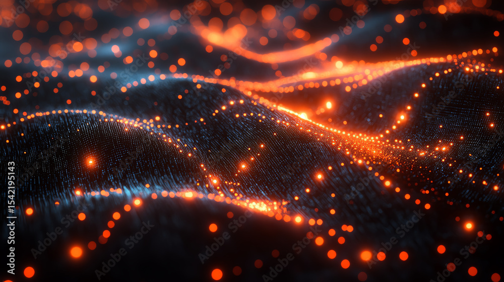 Poster Abstract glowing particles create a mesmerizing wave effect, symbolizing digital innovation and technological advancement.