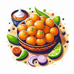 Dish of golgappe with sauces herbs and garnishes artistically arranged