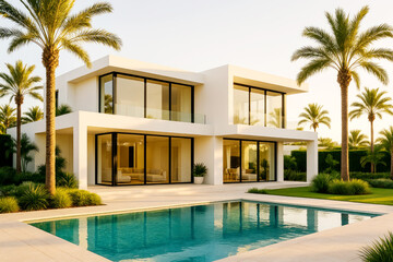 Fototapeta premium Modern Villa With Large Windows and Pool Surrounded by Palm Trees During Sunset in a Warm Climate