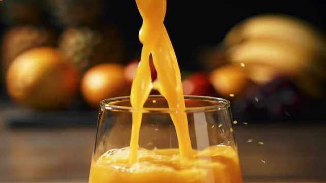 Golden Pour: A vibrant stream of freshly squeezed orange juice cascades gracefully into a clear glass, a burst of color and freshness. 