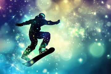 Fototapeta premium Silhouette of a Snowboarder Jumping Against a Colorful Sparkle Background