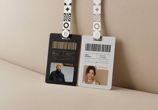 ID Card and Lanyard Mockup &ndash; Dual Vertical Badge Display on Beige Fabric Surface for Corporate Identity or Event Use