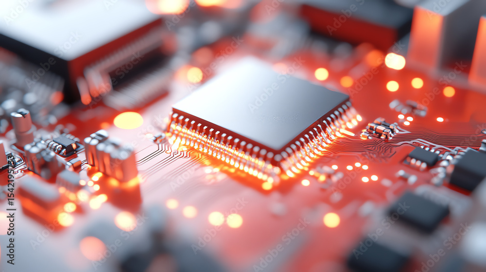 Poster Close-up of a circuit board with illuminated components, showcasing intricate details and vibrant colors, perfect for tech-related projects.