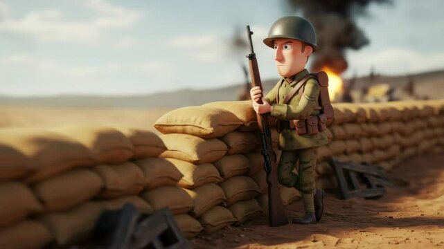 Soldier Guarding Sandbag Bunker in Defensive Position