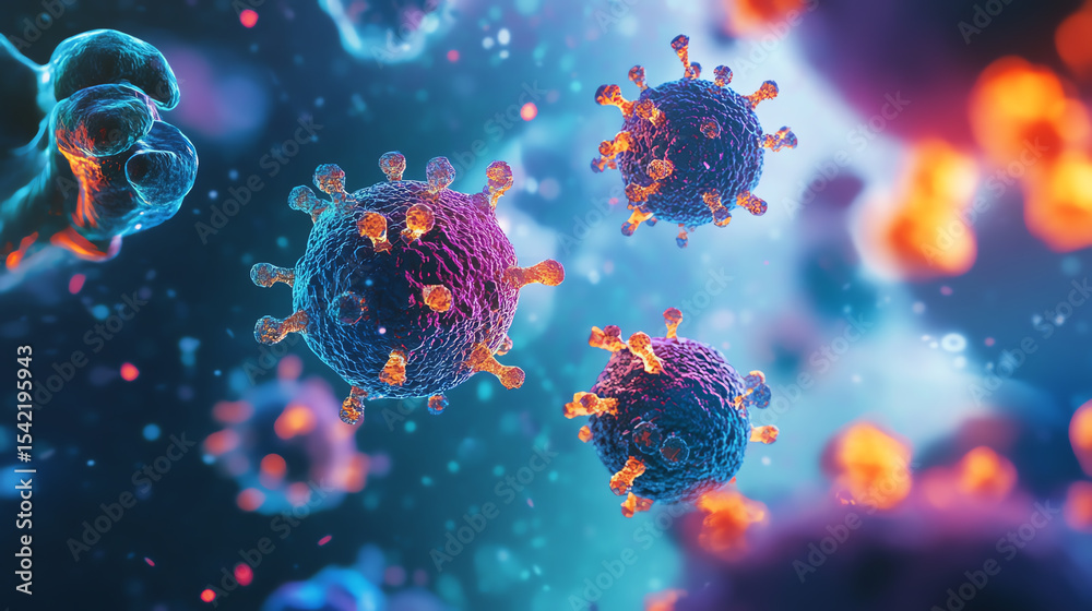 Poster Close-up view of colorful virus particles with a neon-like glow, showcasing the intricate structure and complexity of microscopic life.