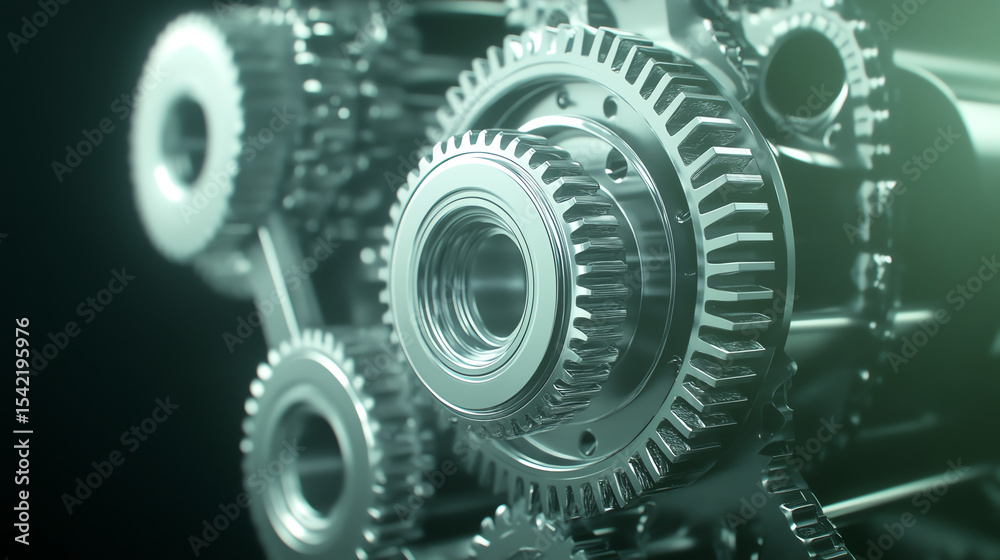 Poster Close-up view of intricate metallic gears highlighting engineering precision and technology advancements in machinery.