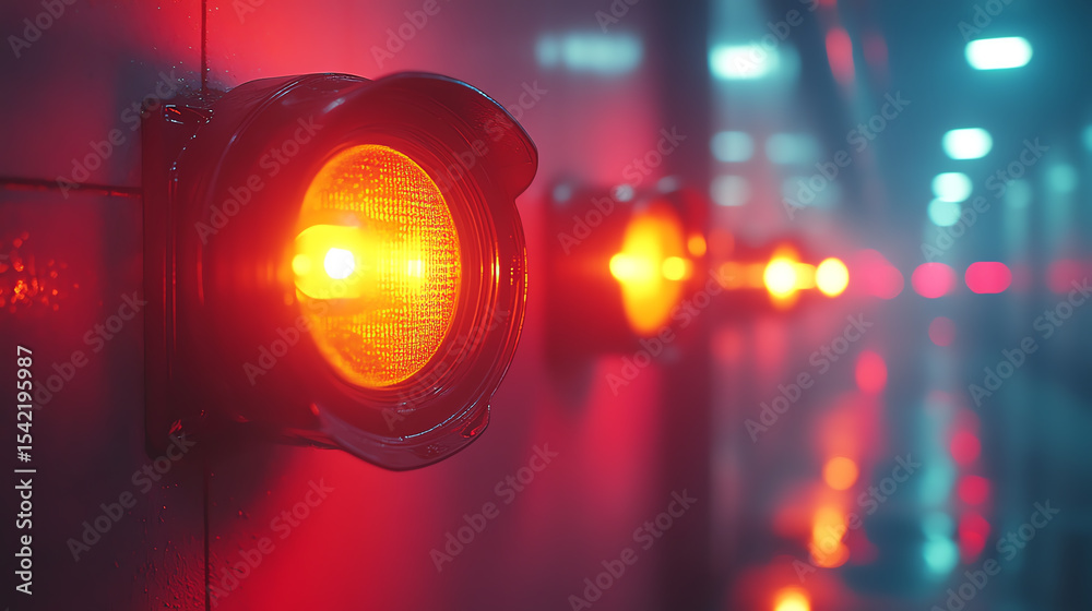 Poster Close-up view of glowing warning lights in a dimly lit corridor, creating a futuristic and cautionary atmosphere.
