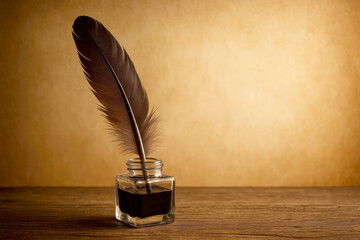 Elegant Quill Resting in Ink Jar on Wooden Table With Warm Background, Perfect for Creative Writing or Historical Themes