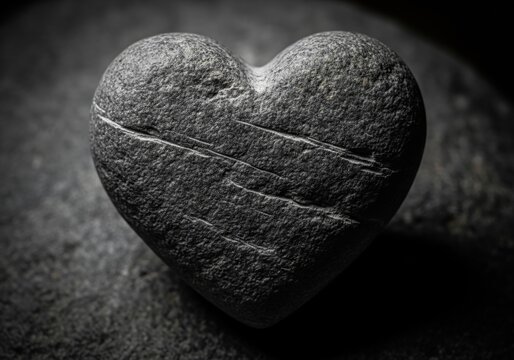 Enduring Stone Heart Symbol. This rugged, love-shaped artifact conveys resilience. Its rough surface and muted background emphasize strength and steadfastness.