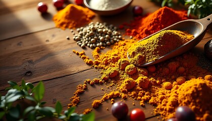 Chef's palette: allspice, turmeric and paprika on a wooden tabletop, ready to use. A collection of the most popular spices. Green basil leaves add a fresh touch to the background. Copy space.