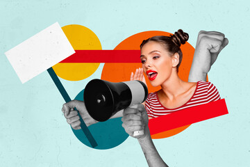 Sketch composite 3D photo collage trend artwork of young lady hold megaphone talk picket resources...