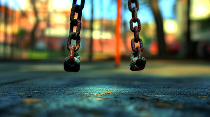 A line of empty metal swings on a deserted urban playground