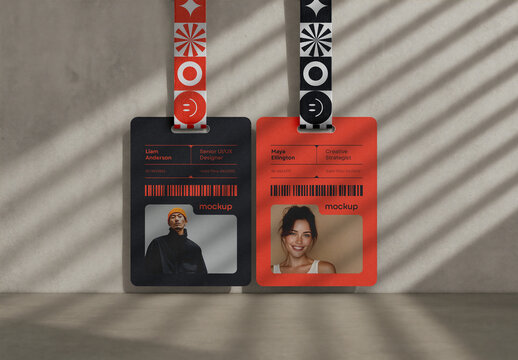 Modern ID Card and Lanyard Mockup &ndash; Hanging Dual Badge Display with Barcode and Shadow Effect on Neutral Wall